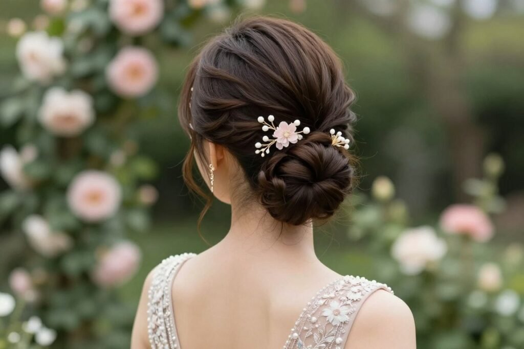 Woman with low bun hairstyle adorned with floral pins for wedding guest