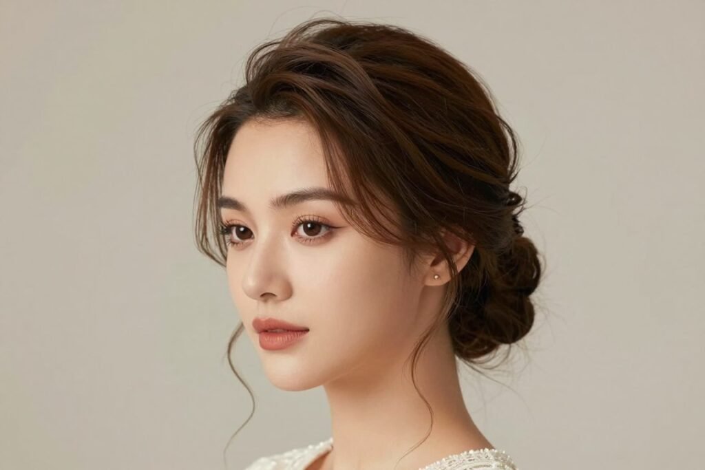 Woman with modern French twist updo for wedding guest hair