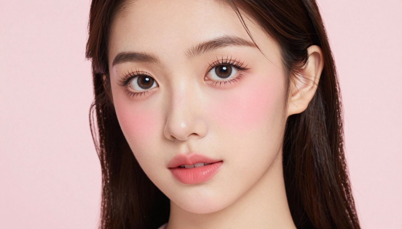 Woman with perfect babydoll makeup featuring big eyes and rosy cheeks