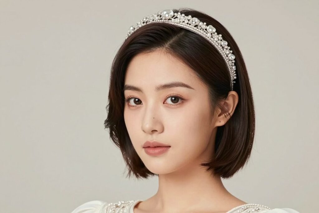 Woman with sleek bob and elegant headband for wedding guest hair