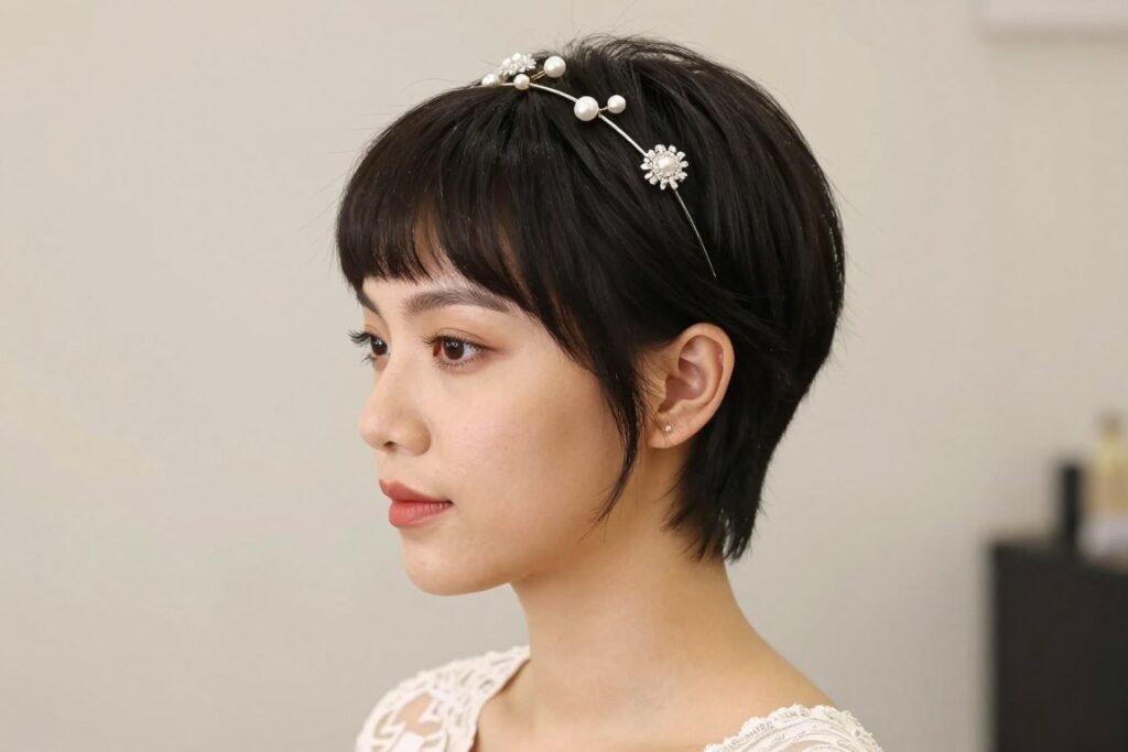 Woman with sleek pixie cut with accessories for wedding guest hair