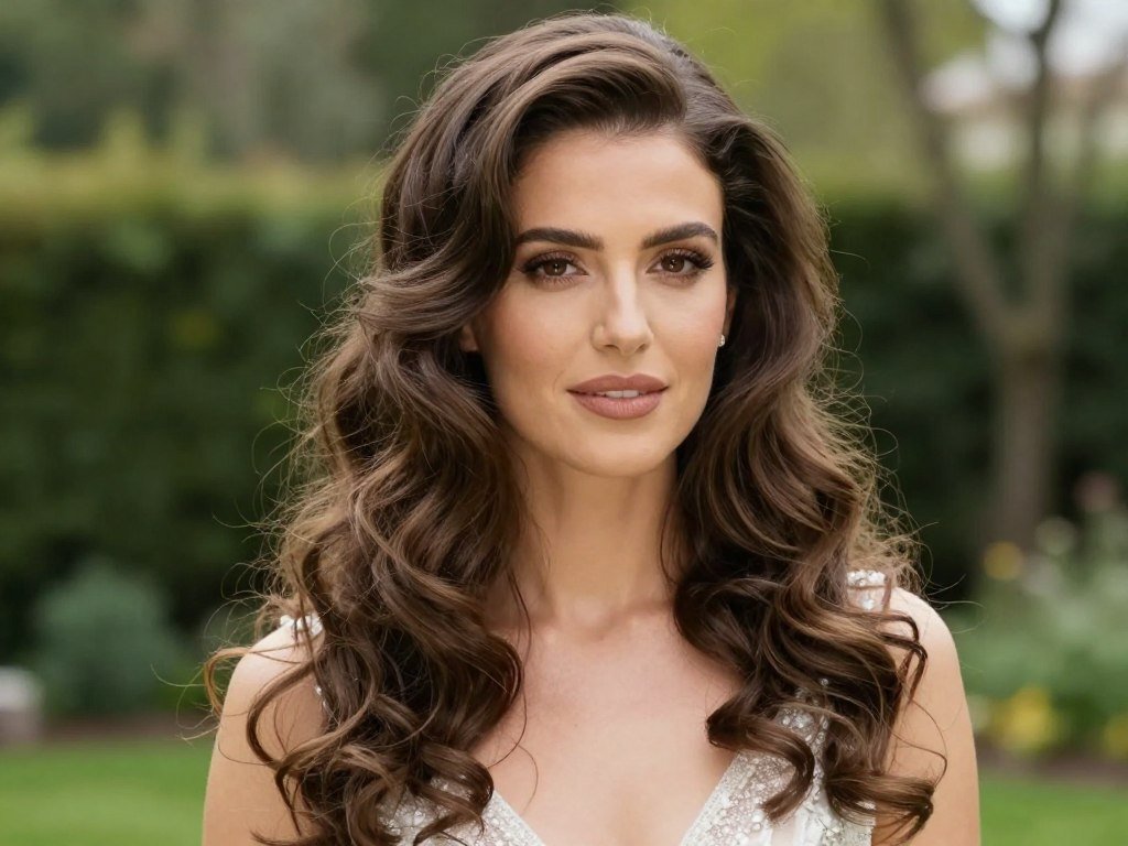 Woman with soft romantic curls for wedding guest hair