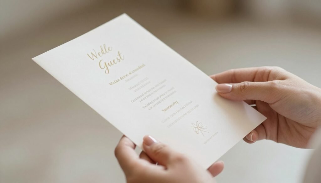Woman's hands with elegant manicure holding a wedding program