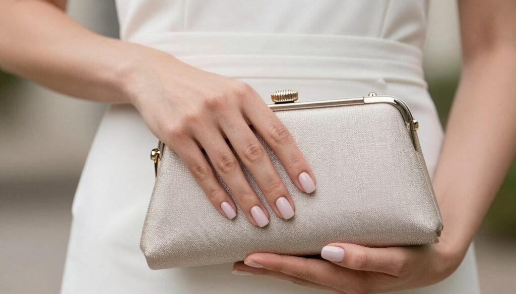 Woman's hands with manicure holding a clutch that matches her nail color