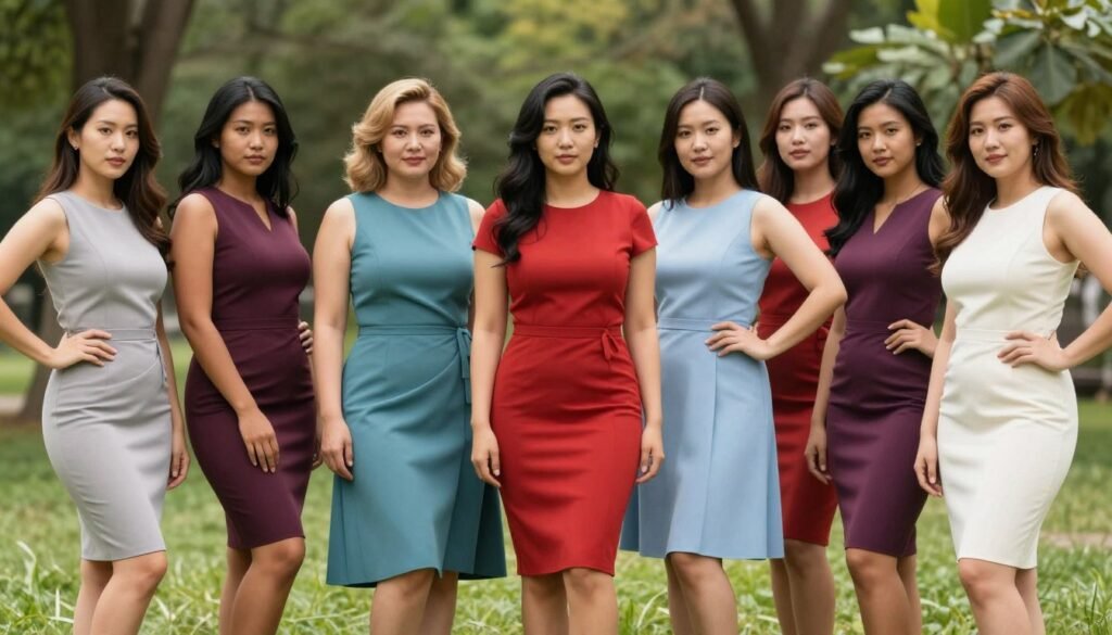 Women with different body types wearing flattering summer dresses