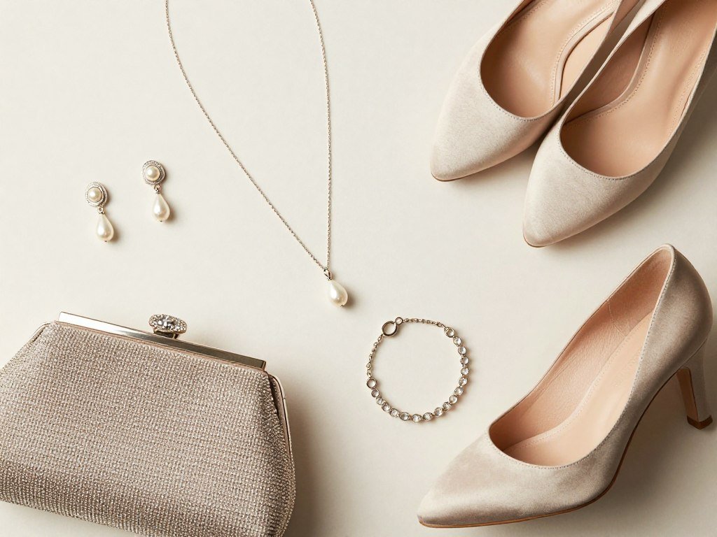 Women's cocktail attire accessories including jewelry, clutch, and heels
