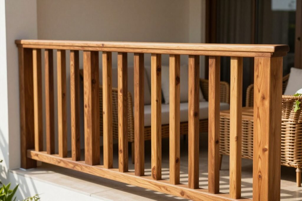 Wooden balcony railing design with vertical slats