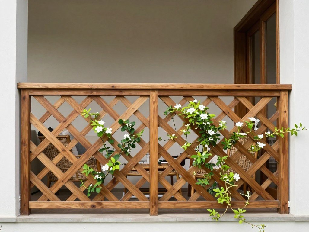 Wooden lattice balcony railing with climbing plants