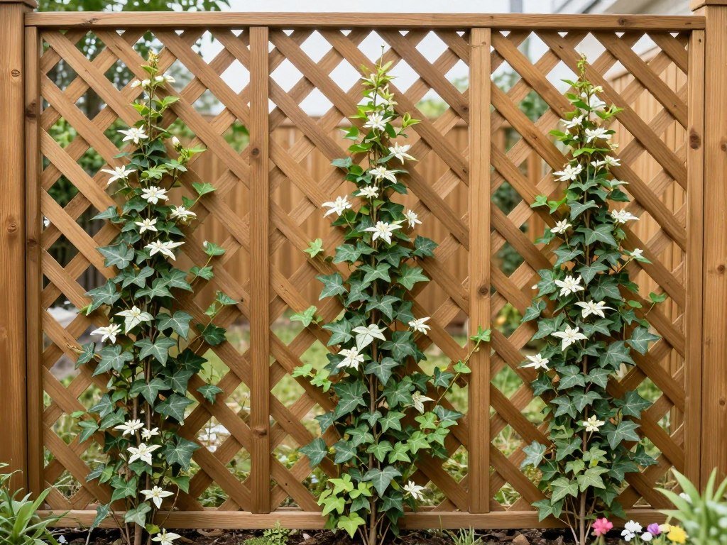 Wooden lattice privacy fence with climbing plants providing partial privacy