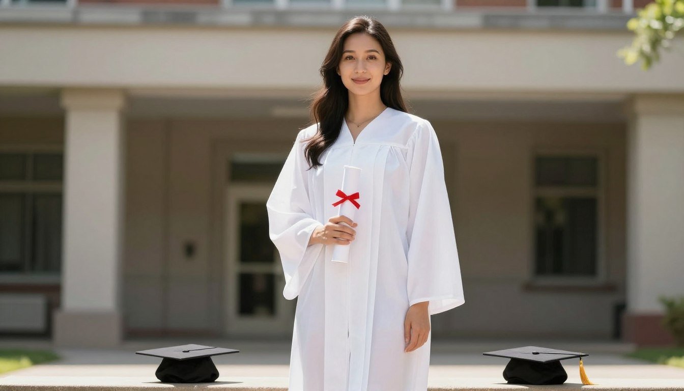 Young woman in a flowing white graduation dress standing confidently with diploma