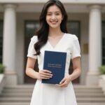 Young woman in a white midi graduation dress standing proudly with diploma