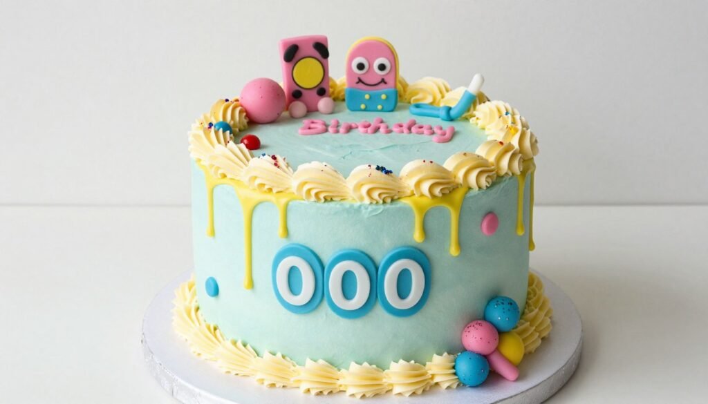 2000s birthday cake with glitter and multiple decoration styles