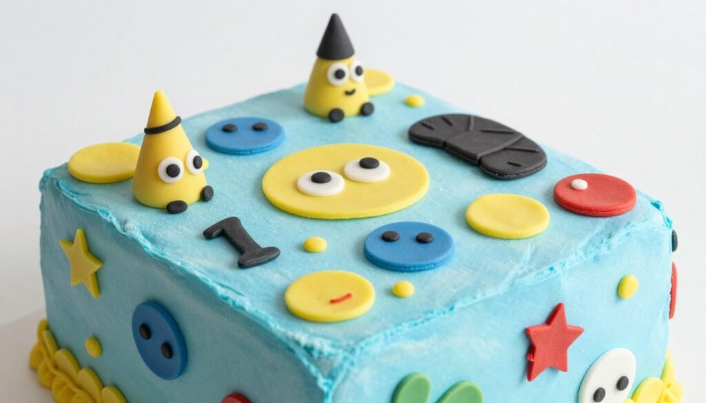 2000s themed birthday cake with fondant character decorations
