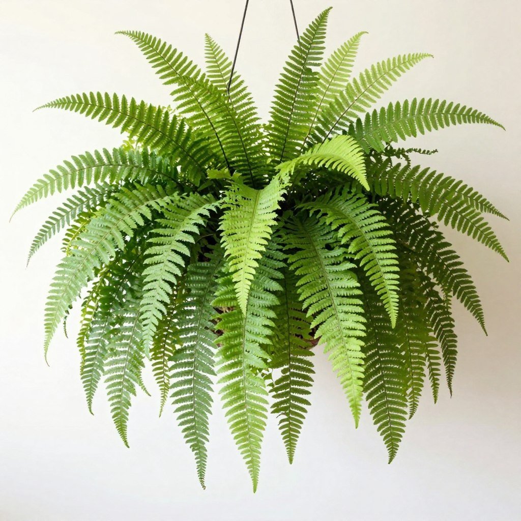 A Boston fern with feathery fronds creating a full, lush appearance in a hanging basket
