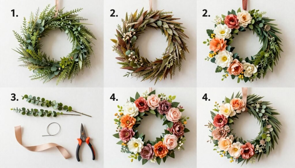 A DIY fake flowers decor wreath project showing materials and the finished decorative wreath A DIY fake flowers decor wreath project showing materials and the finished decorative wreath