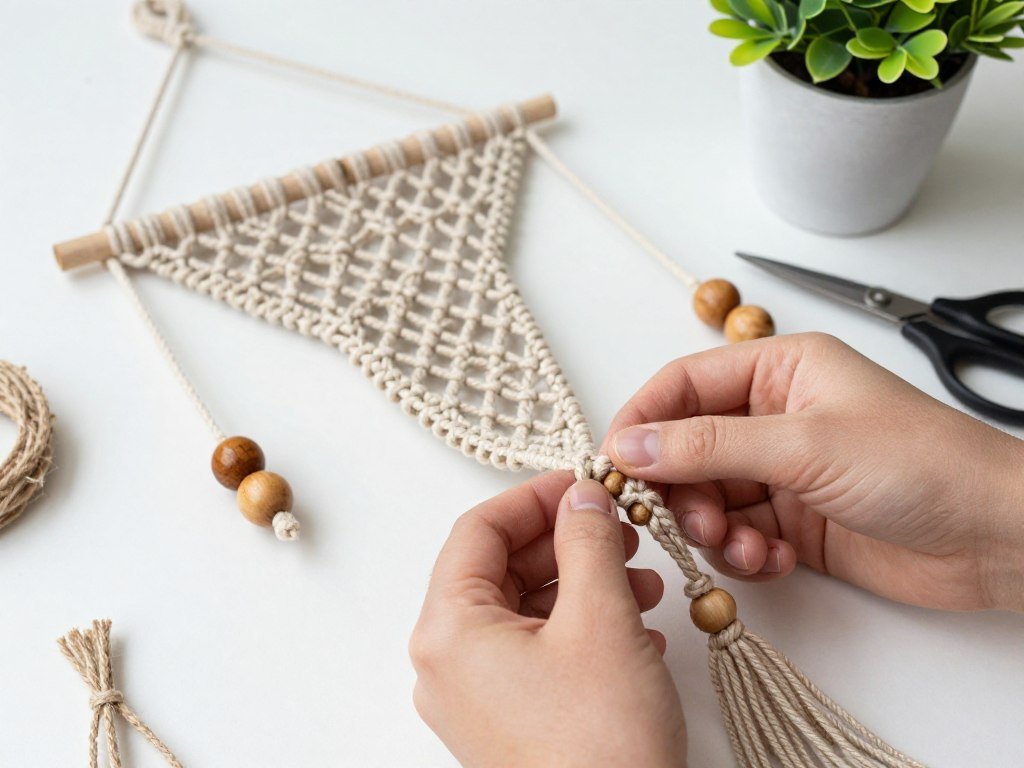 A DIY macramé plant hanger being created with natural jute rope and wooden beads