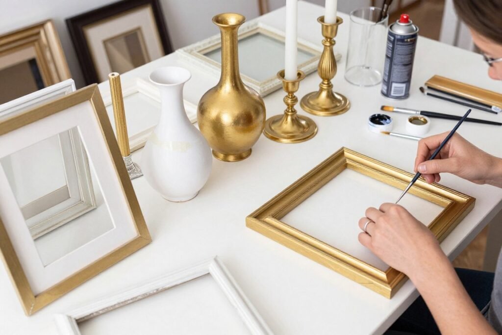 A DIY workspace showing thrifted items being painted and transformed for wedding decor A DIY workspace showing thrifted items being painted and transformed for wedding decor