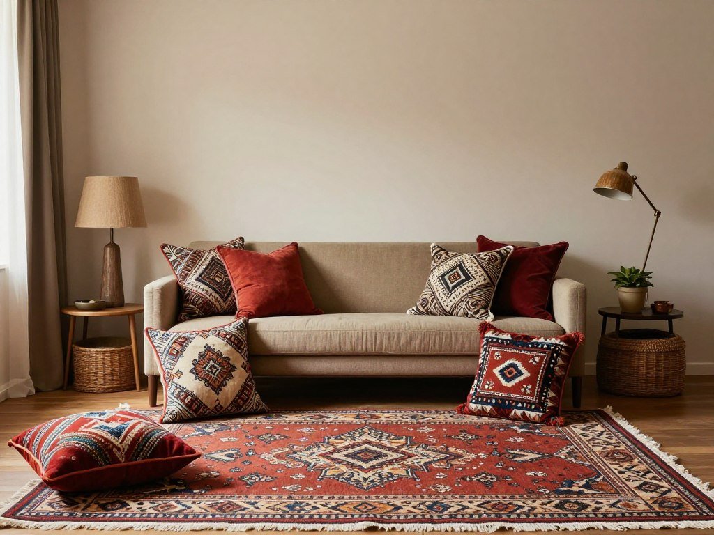 A balanced afro boho living room showing thoughtful pattern mixing with areas of visual rest A balanced afro boho living room showing thoughtful pattern mixing with areas of visual rest