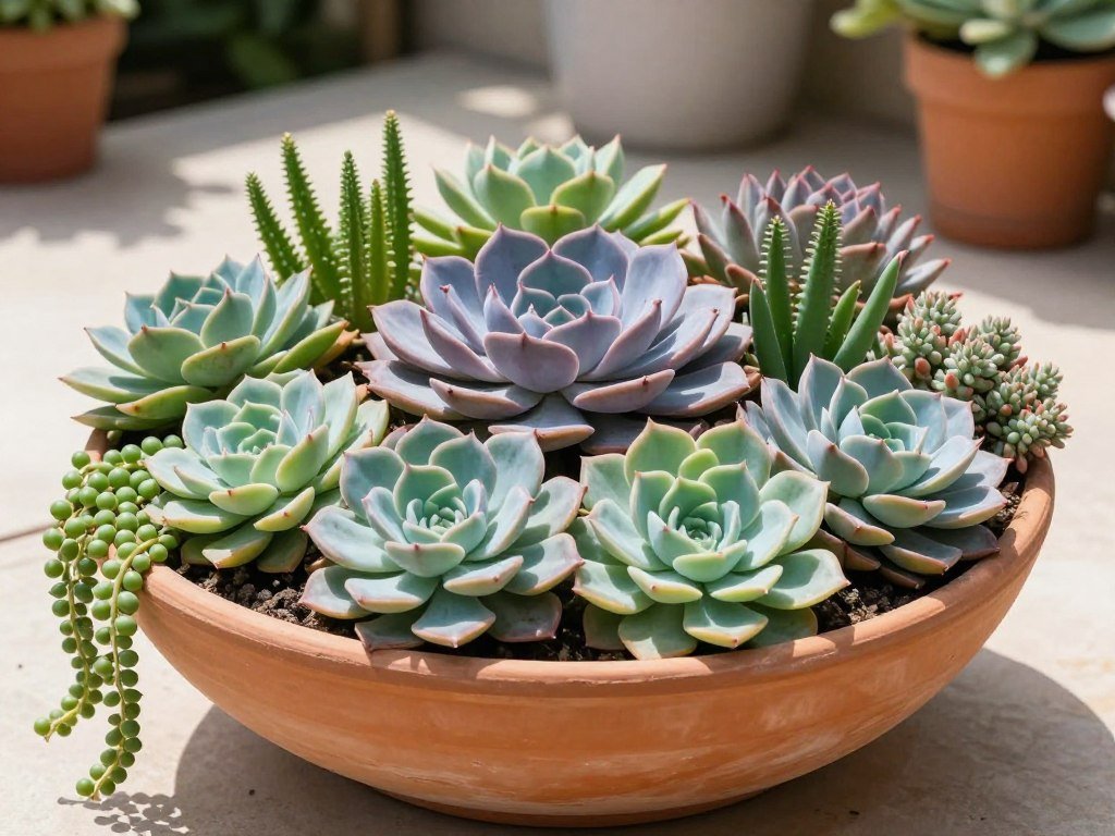 A beautiful arrangement of colorful succulents in a wide, shallow bowl planter in full sun