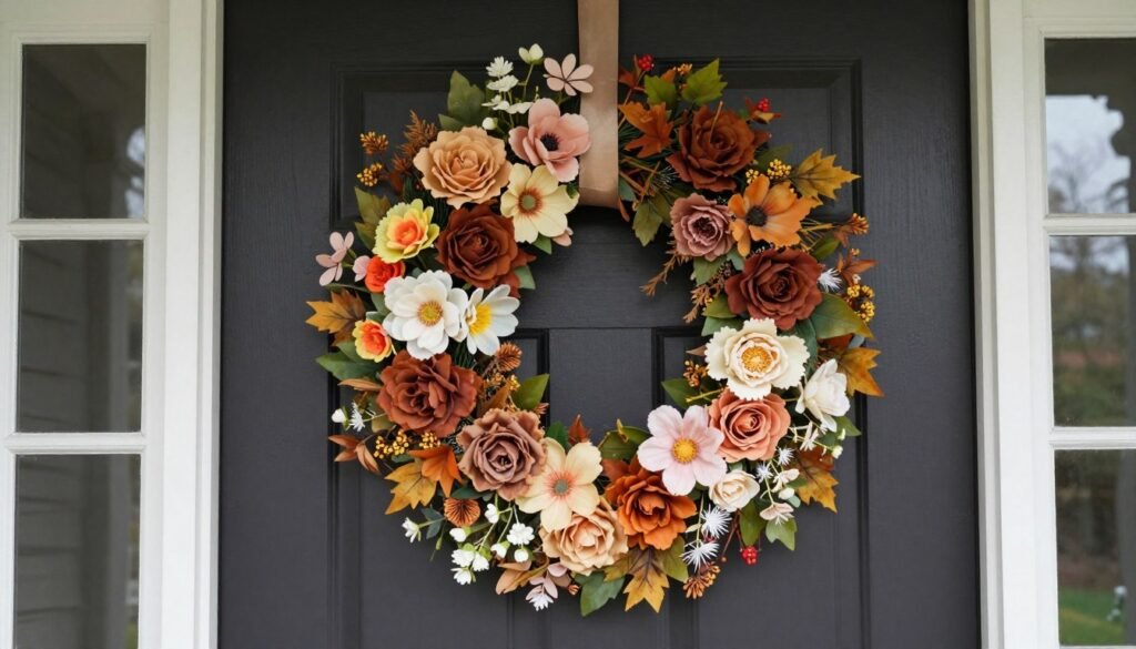 A beautiful completed seasonal fake flowers decor wreath hanging on a front door A beautiful completed seasonal fake flowers decor wreath hanging on a front door