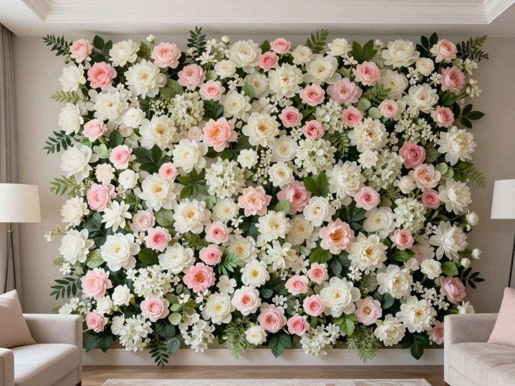 A beautiful fake flowers decor wall installation featuring a flower wall as a room accent A beautiful fake flowers decor wall installation featuring a flower wall as a room accent
