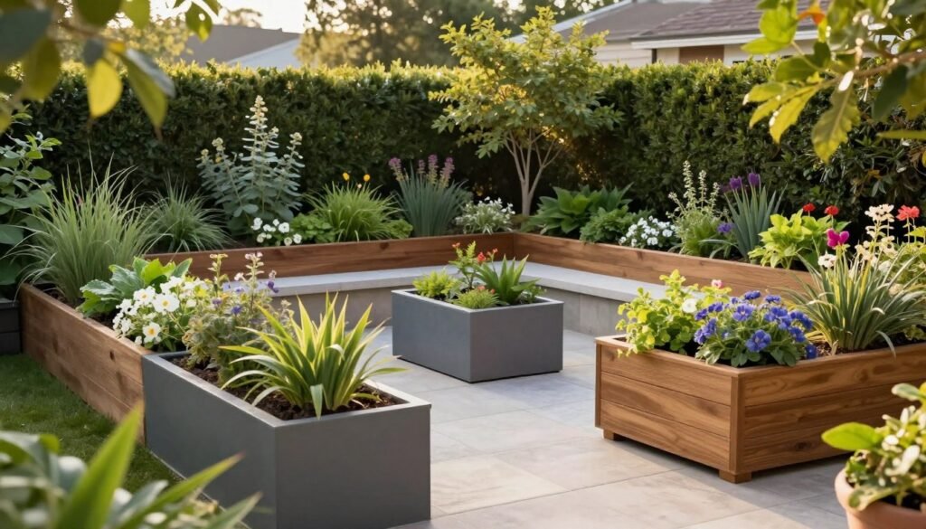 A beautiful garden space with various planter boxes creating a cohesive design