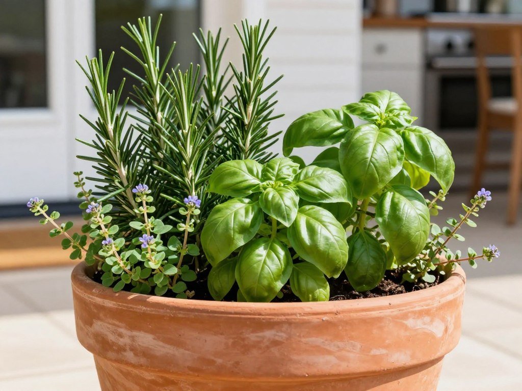 A beautiful herb container garden with rosemary, basil, and thyme growing in a terracotta pot in full sun
