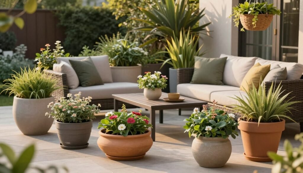 A beautiful patio scene with multiple coordinated planter arrangements creating an inviting outdoor living space