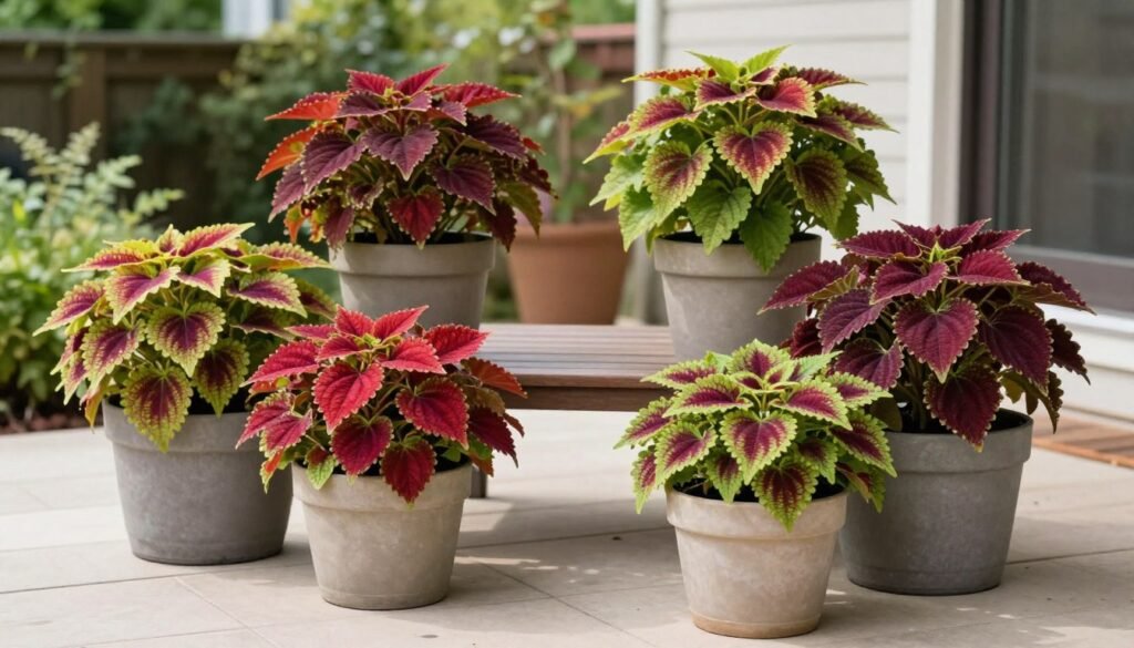 A beautiful patio setting with multiple coleus planters creating a colorful outdoor living space