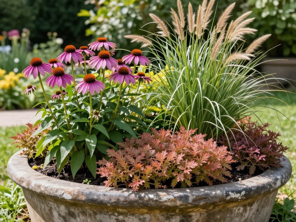 A beautiful perennial container garden featuring coneflowers, sedum, and ornamental grasses in full sun