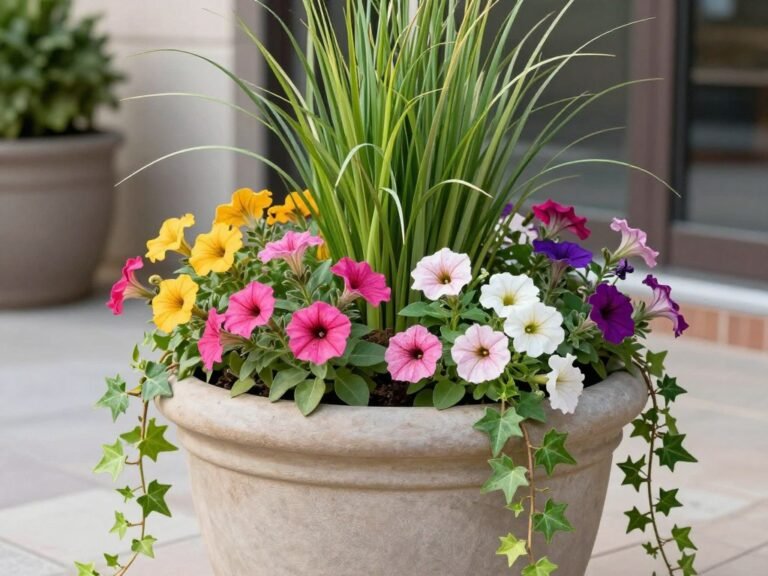 A beautiful planter arrangement showing the thriller, filler, spiller method with tall decorative grass as the thriller, colorful petunias as fillers, and trailing ivy as spillers