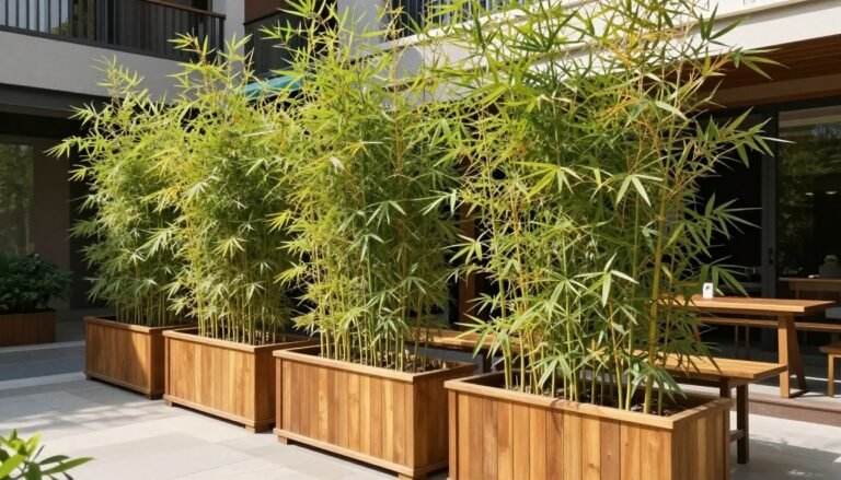 A beautiful privacy planter setup with tall bamboo plants creating a natural screen on a patio