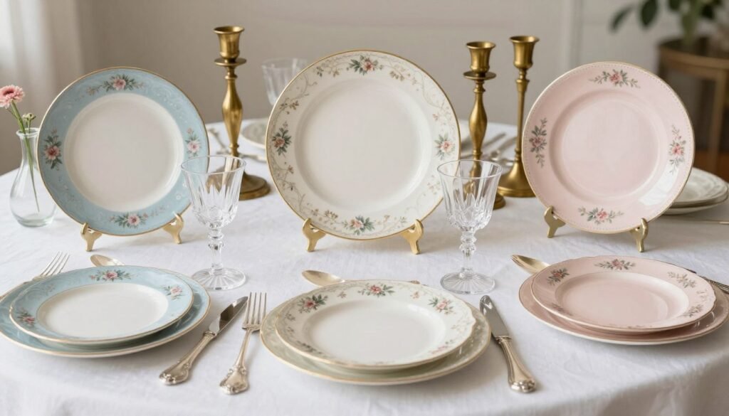 A beautifully arranged collection of thrifted wedding decor items including vintage china plates, crystal glassware, and brass candlesticks in a cohesive color palette A beautifully arranged collection of thrifted wedding decor items including vintage china plates, crystal glassware, and brass candlesticks in a cohesive color palette