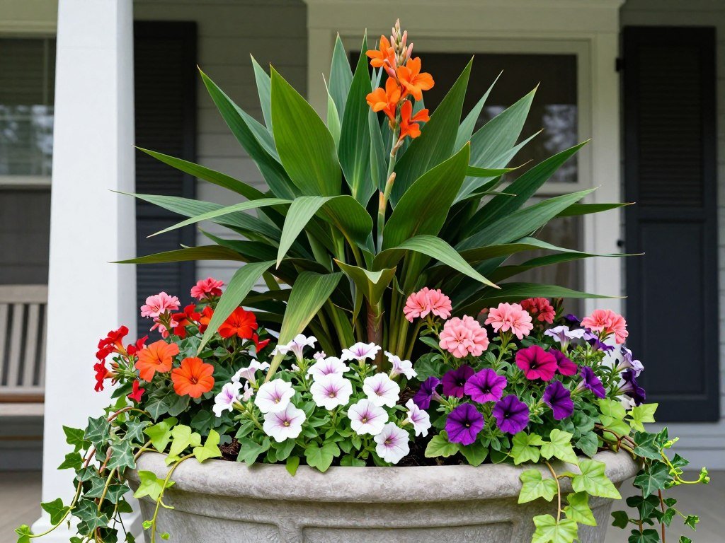 A beautifully arranged front porch planter with thriller, filler, and spiller plants creating a lush, cascading effect