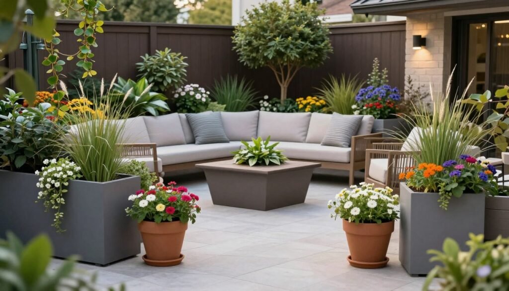 A beautifully arranged outdoor space with various container gardens creating a cohesive and inviting atmosphere