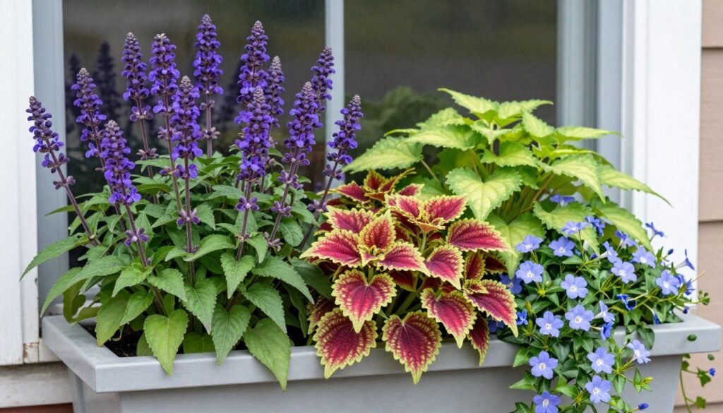 A beautifully arranged window planter box showing the thriller, filler, spiller arrangement with labeled plants A beautifully arranged window planter box showing the thriller, filler, spiller arrangement with labeled plants