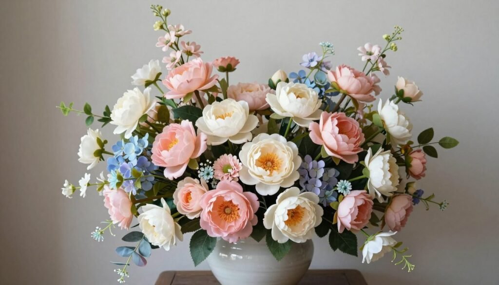 A beautifully completed fake flowers decor arrangement showing the finished result of proper arrangement techniques A beautifully completed fake flowers decor arrangement showing the finished result of proper arrangement techniques