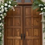 A beautifully decorated church entrance with floral arrangements for a wedding ceremony
