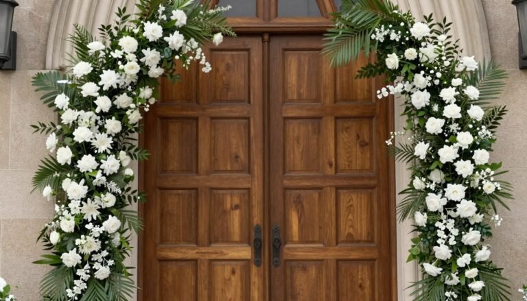 A beautifully decorated church entrance with floral arrangements for a wedding ceremony