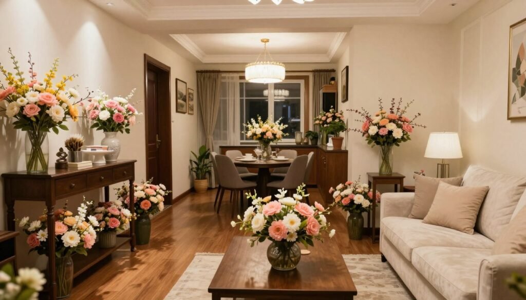 A beautifully decorated home interior featuring various fake flowers decor elements throughout different rooms A beautifully decorated home interior featuring various fake flowers decor elements throughout different rooms