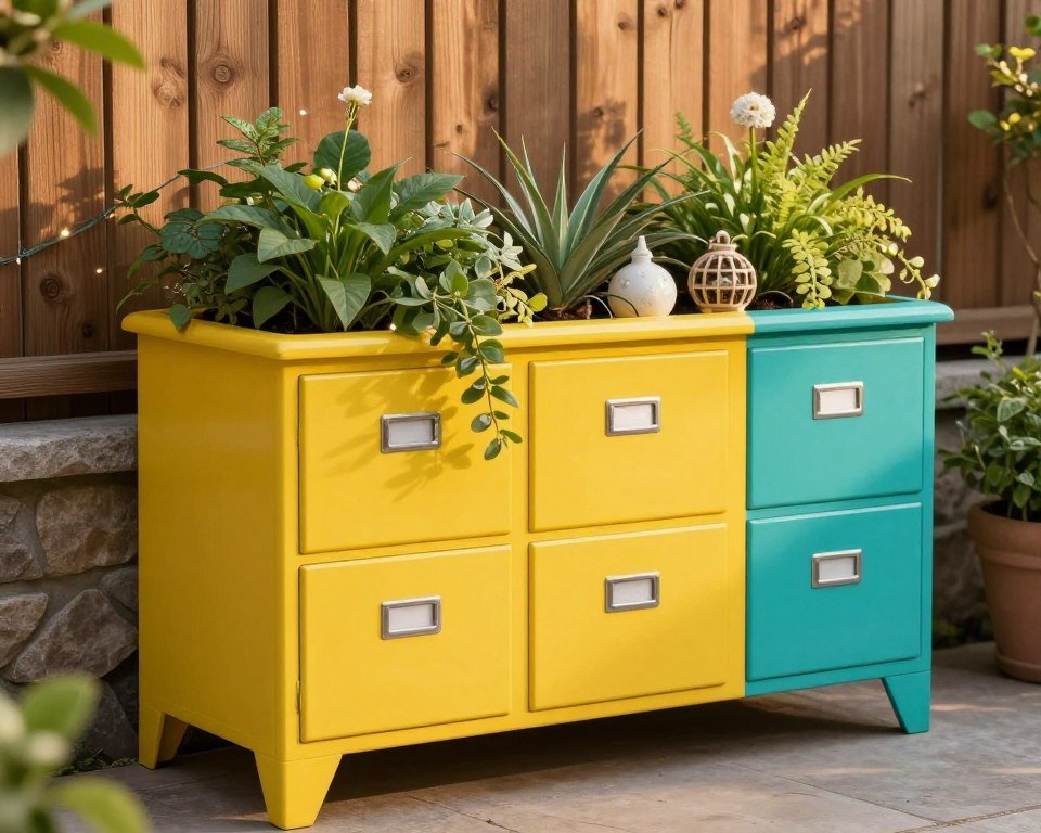 A beautifully styled file cabinet planter in a garden setting