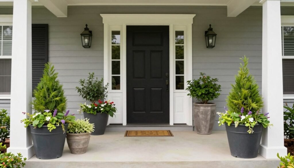 A beautifully styled front porch with perfectly arranged planters demonstrating all the principles discussed A beautifully styled front porch with perfectly arranged planters demonstrating all the principles discussed