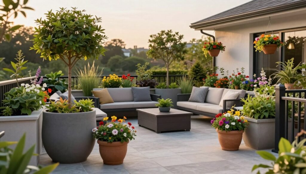 A beautifully transformed patio space featuring multiple container gardens with various plants, creating an inviting outdoor living area