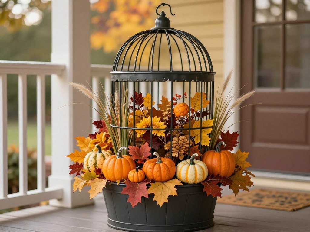 A birdcage planter decorated for fall with small pumpkins and autumn foliage