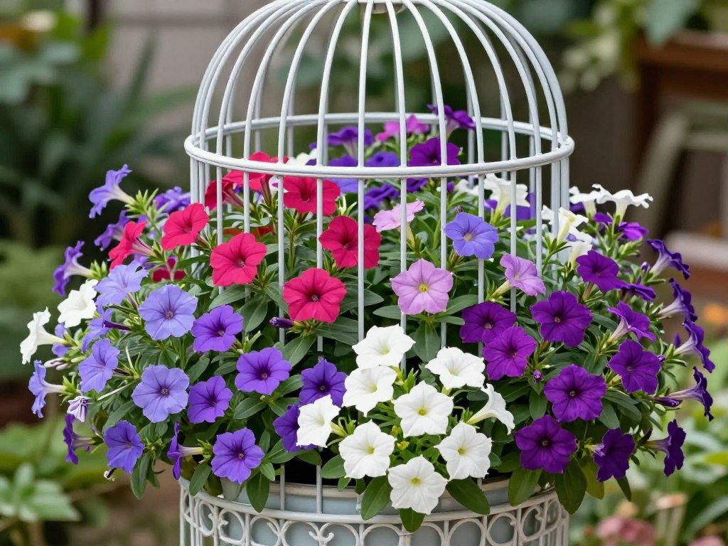 A birdcage planter filled with colorful flowering annuals in bloom