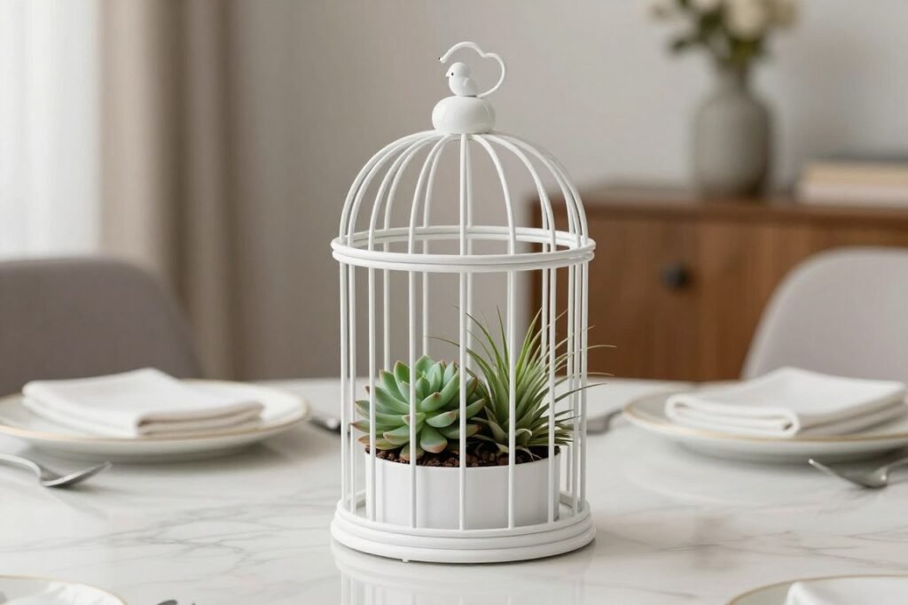 A birdcage planter used as a centerpiece on a dining table with succulents