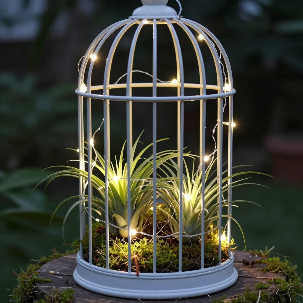 A birdcage planter with fairy lights and air plants as a nighttime display
