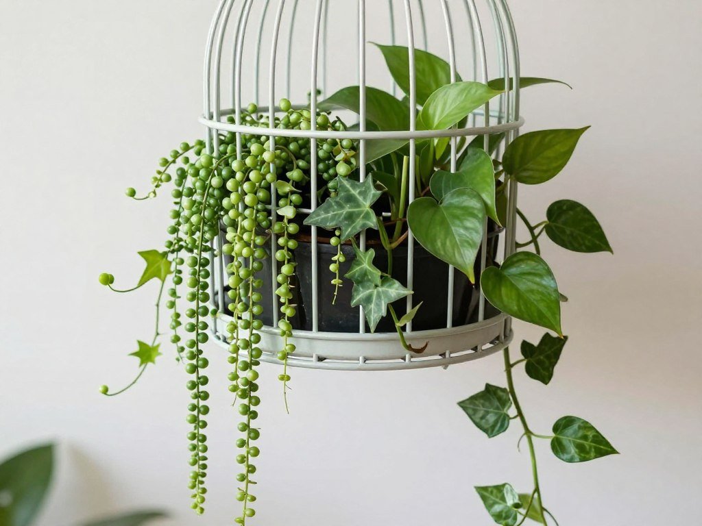 A birdcage planter with various trailing plants spilling through the bars