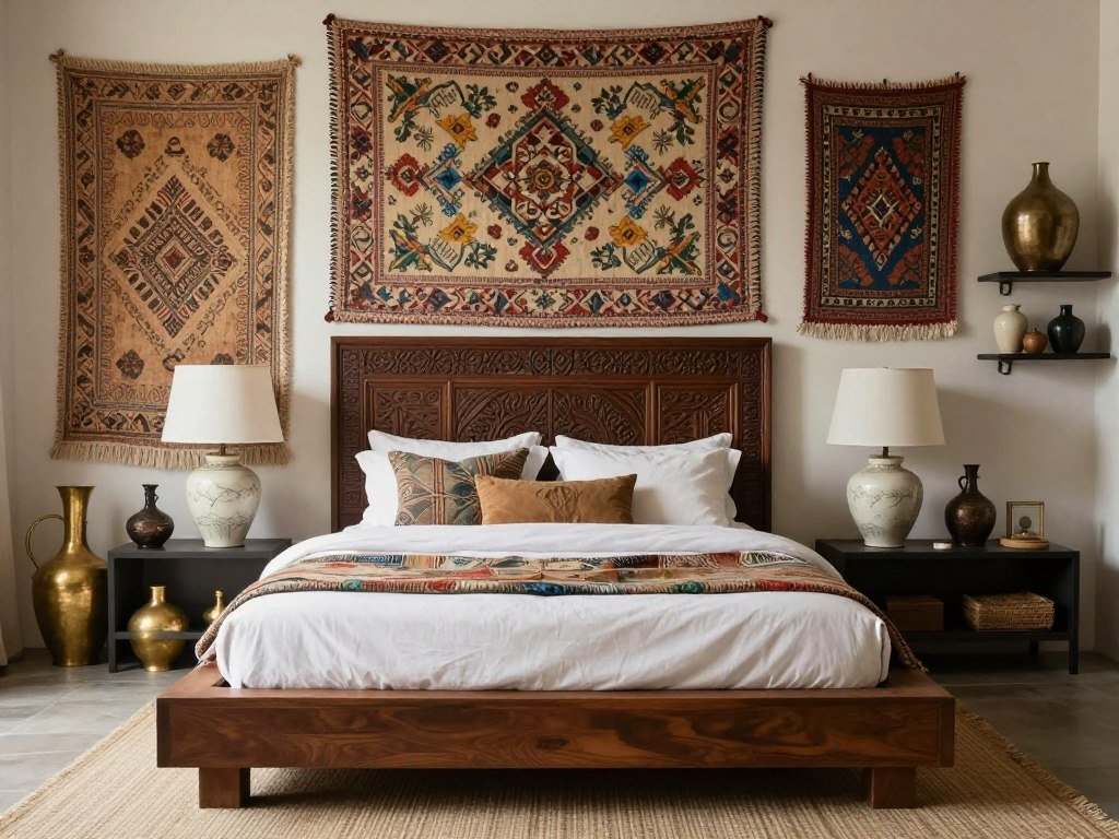 A blend of vintage and contemporary elements in an afro boho bedroom A blend of vintage and contemporary elements in an afro boho bedroom