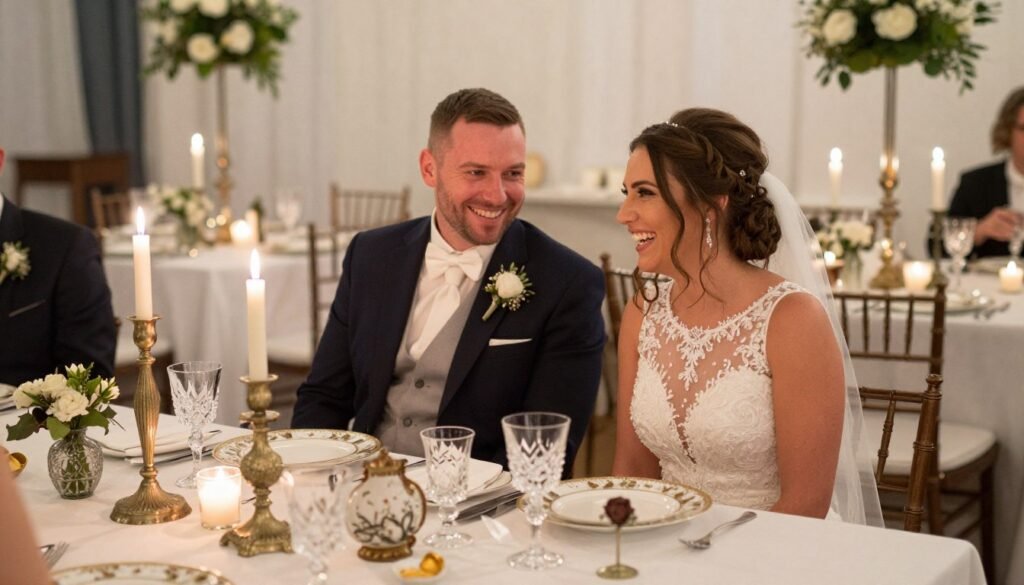 A bride and groom enjoying their reception surrounded by beautifully styled thrifted wedding decor that reflects their personal style A bride and groom enjoying their reception surrounded by beautifully styled thrifted wedding decor that reflects their personal style